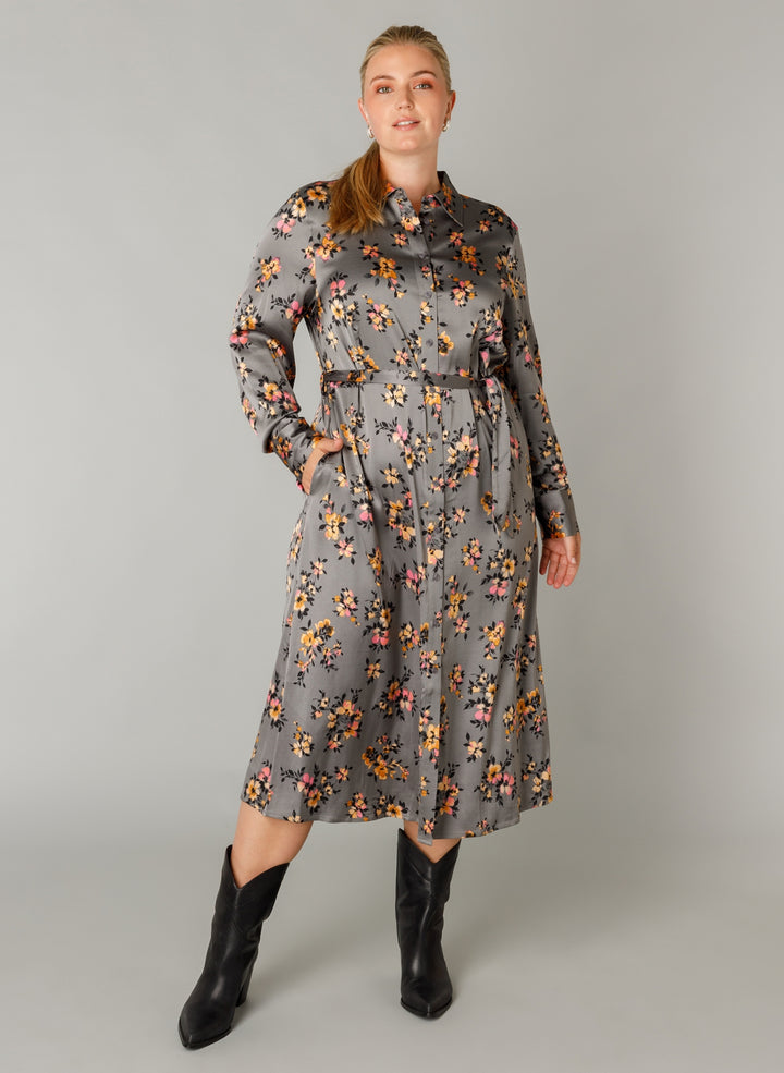 Gray Floral Print Shirt Dress