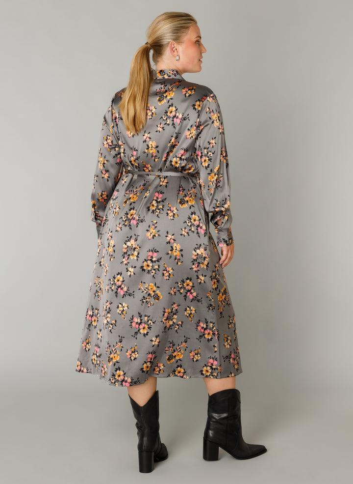 Gray Floral Print Shirt Dress