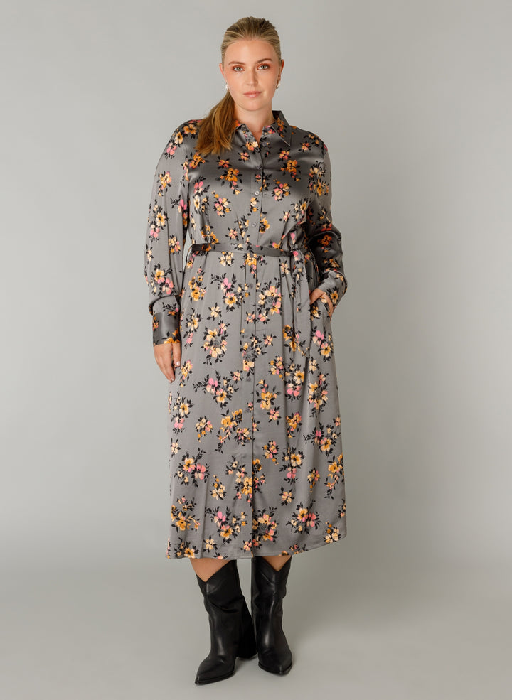 Gray Floral Print Shirt Dress