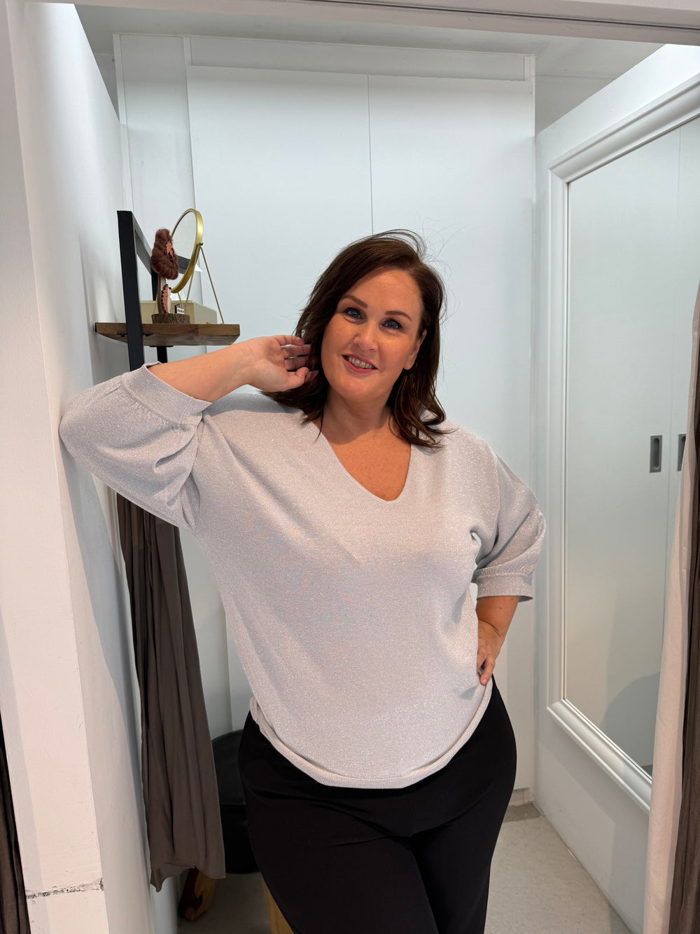 Dunne Lurex Pull Met V-Hals En 3/4 Mouwen