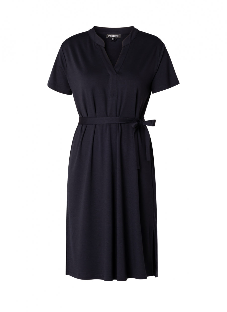 Tijdloze Marineblauwe Midi-Jurk Met Taille Riem