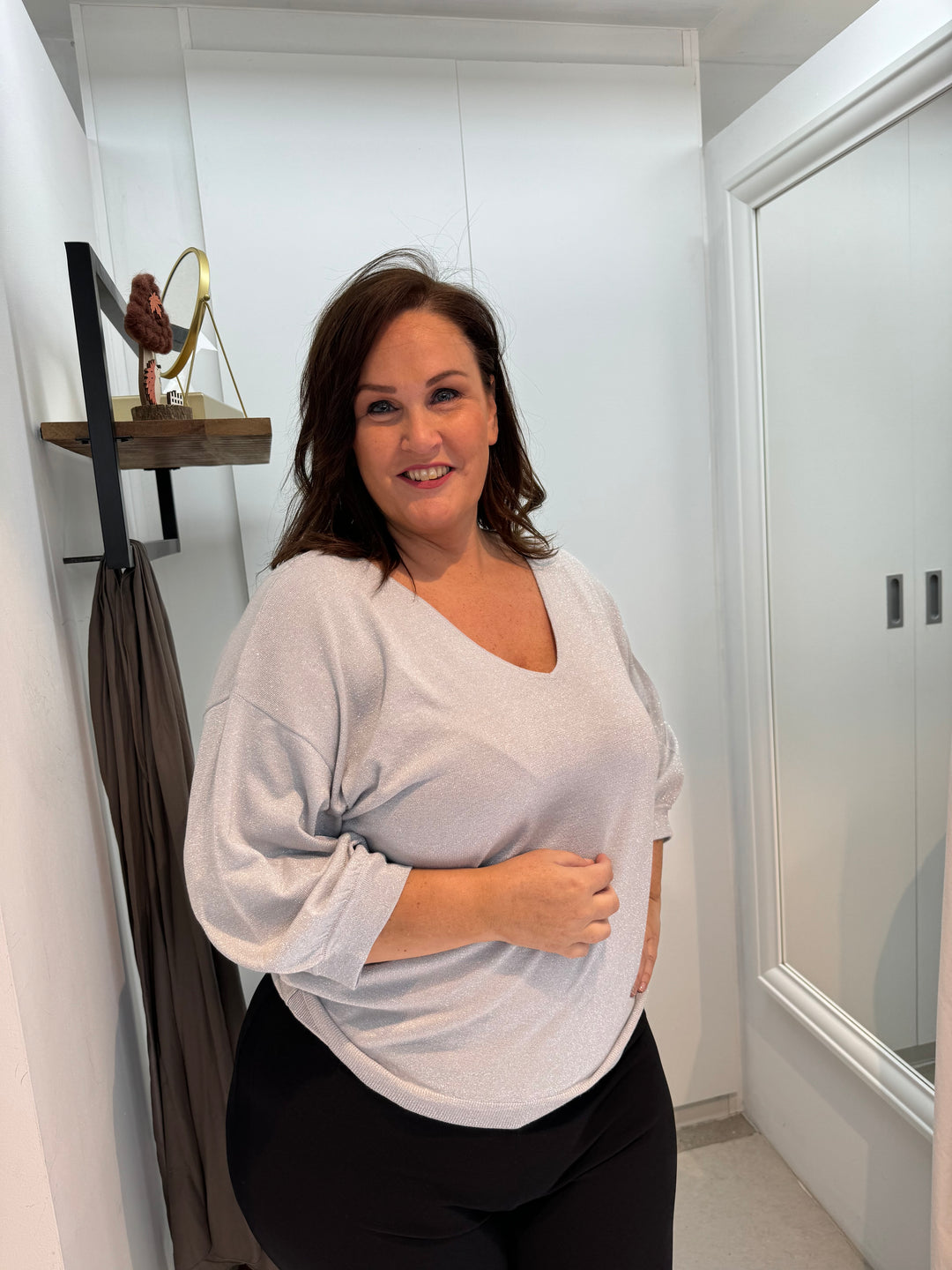 Dunne Lurex Pull Met V-Hals En 3/4 Mouwen