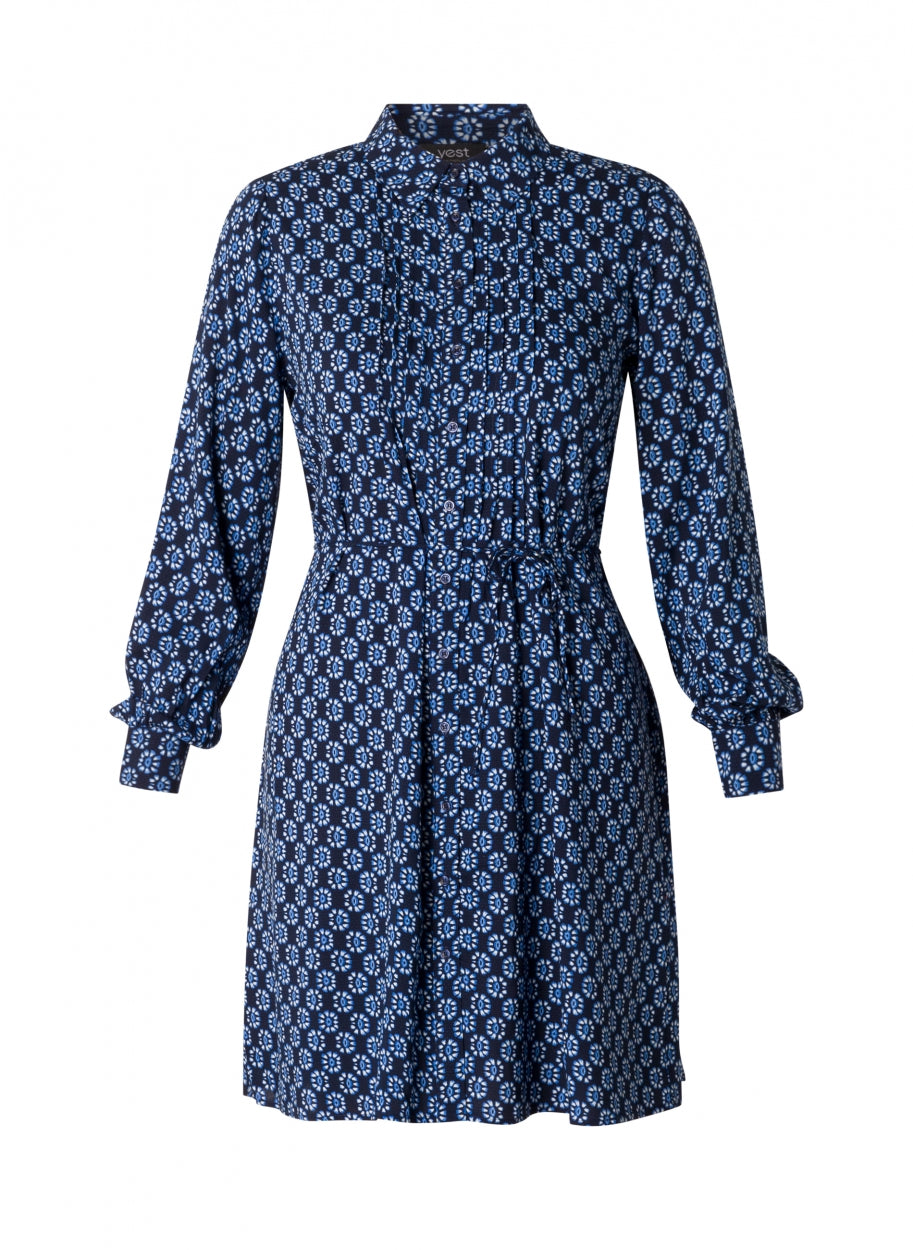 Jurk Met Plissé En Taillelint In Marineblauw