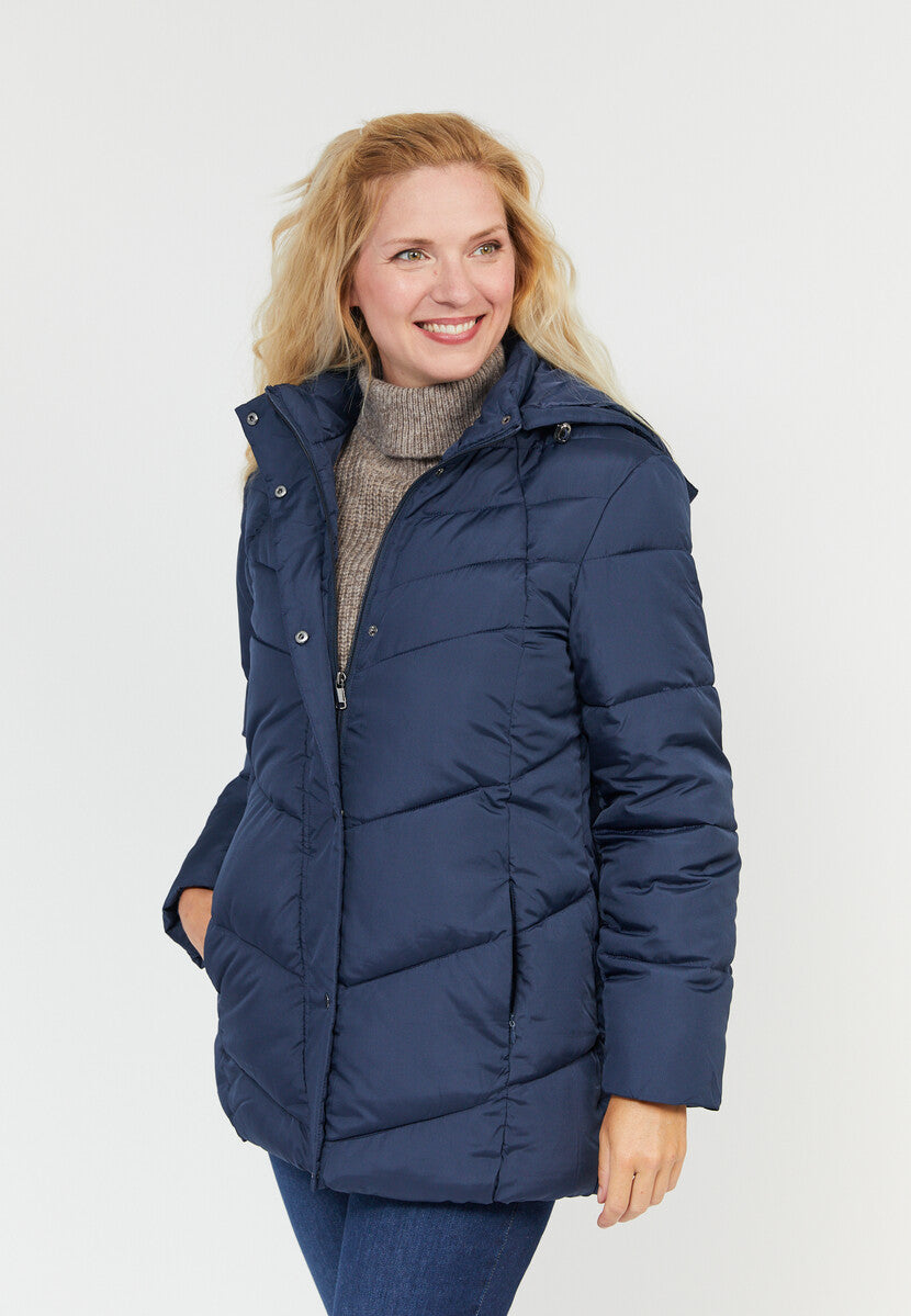 doorstikte mantel met kap in blauw - b. copenhagen - 213883 - grote maten - dameskleding - kledingwinkel - herent - leuven