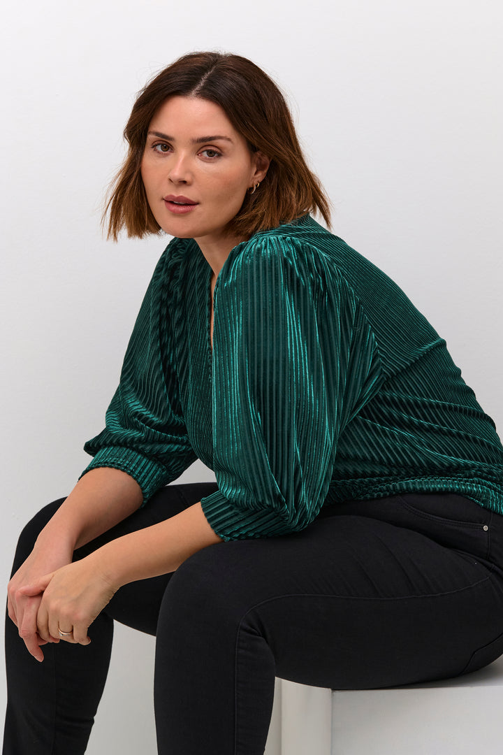 Flessengroene Velvet Blouse Met Strepen | Grote Maten Mode bij Axent