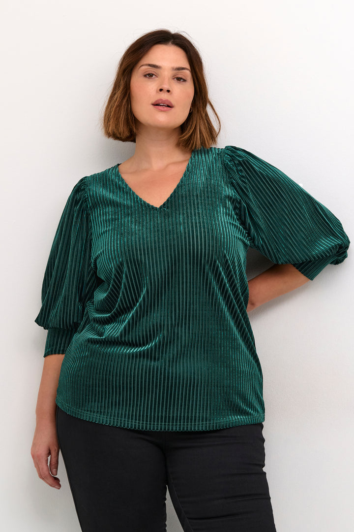 flessengroene velvet blouse met strepen