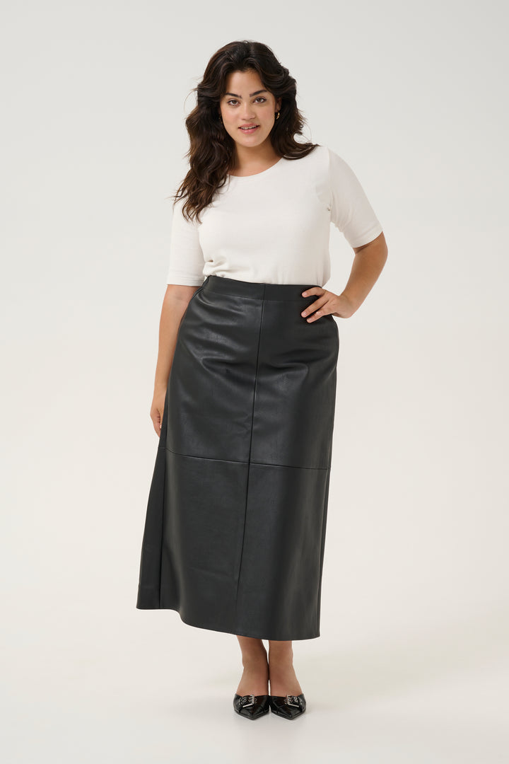 Zwarte Midi-Rok In Faux Leather Met Split | Grote Maten Mode bij Axent