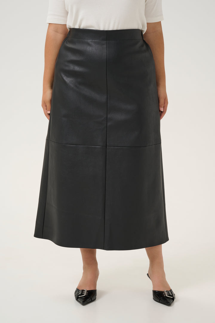 zwarte midi-rok in faux leather met split