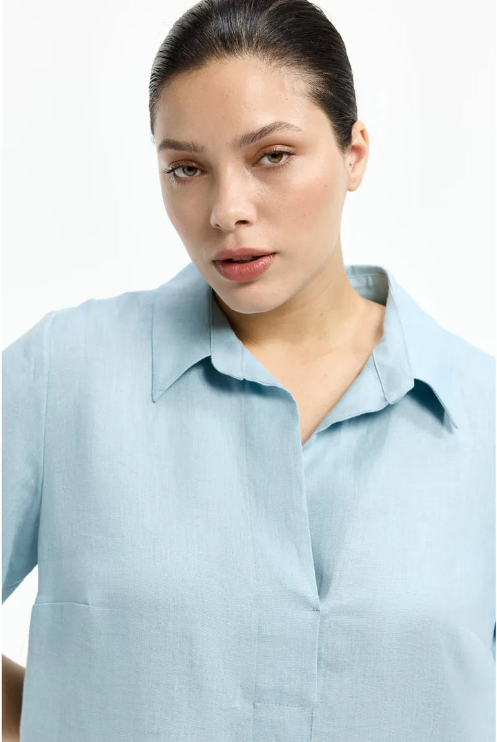 Linnen Jurk met Zakken in Lichtblauw