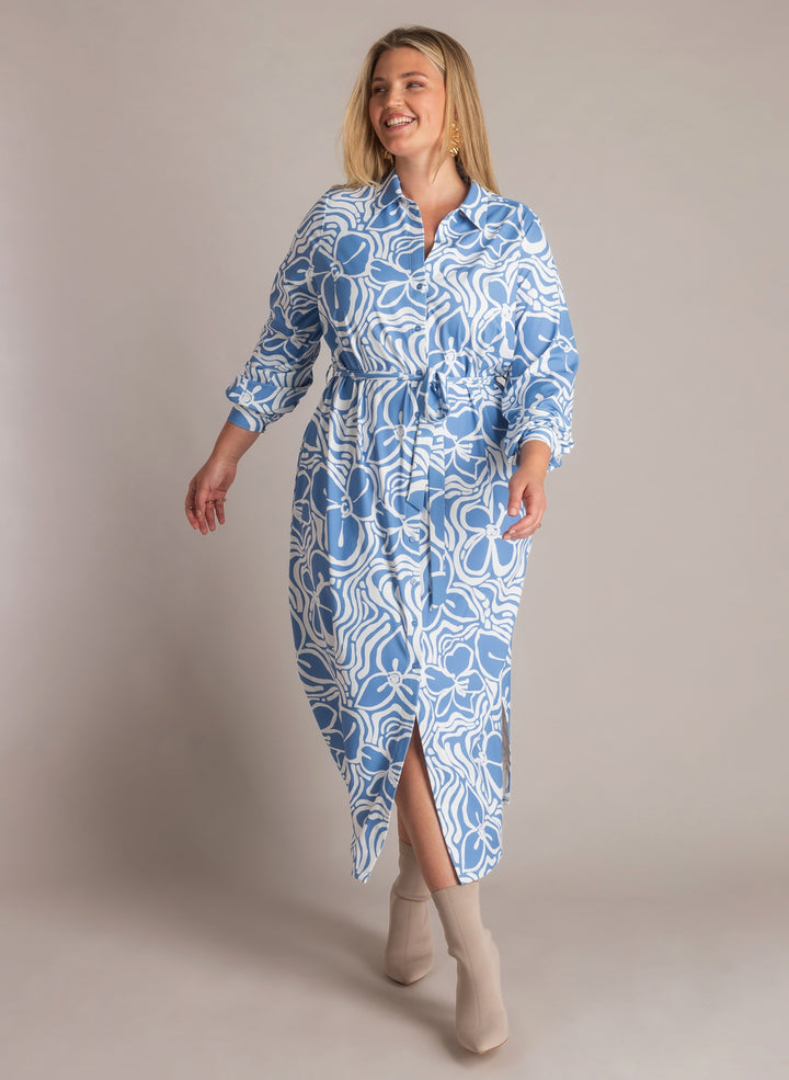 Blauw-witte maxi doorknoopjurk