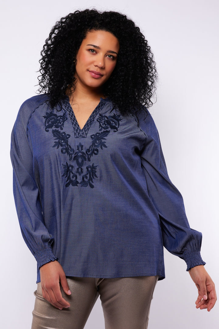 Denim Blue Blouse with Embroidery