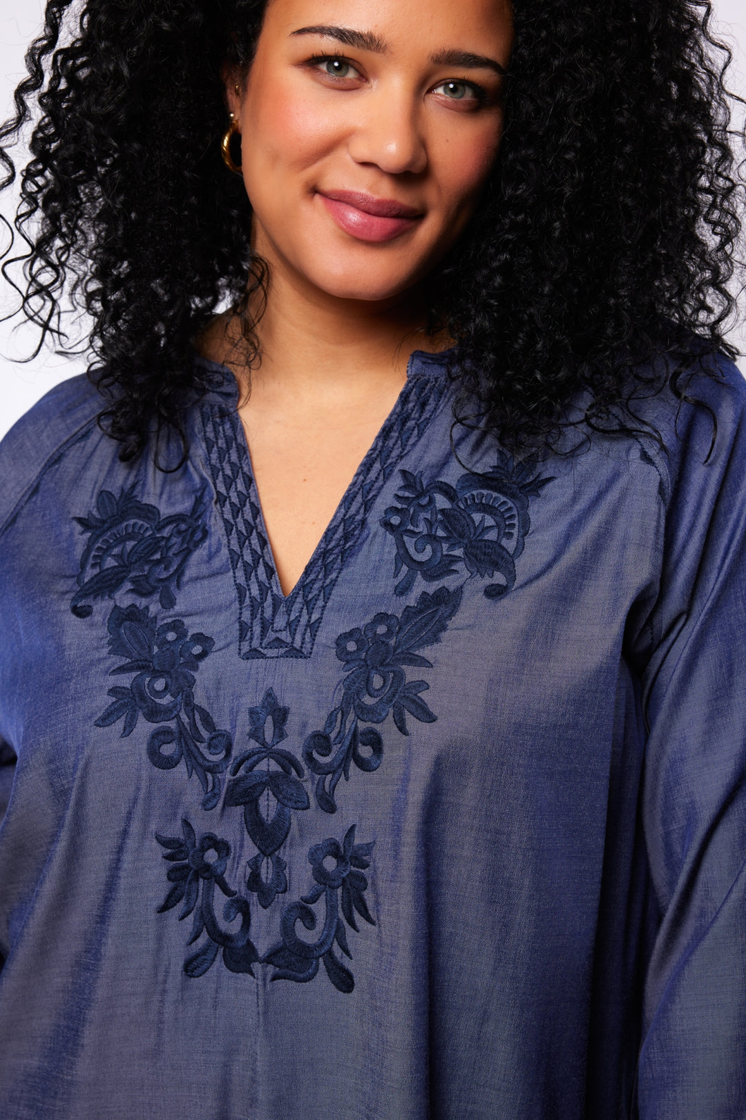 Denim Blue Blouse with Embroidery