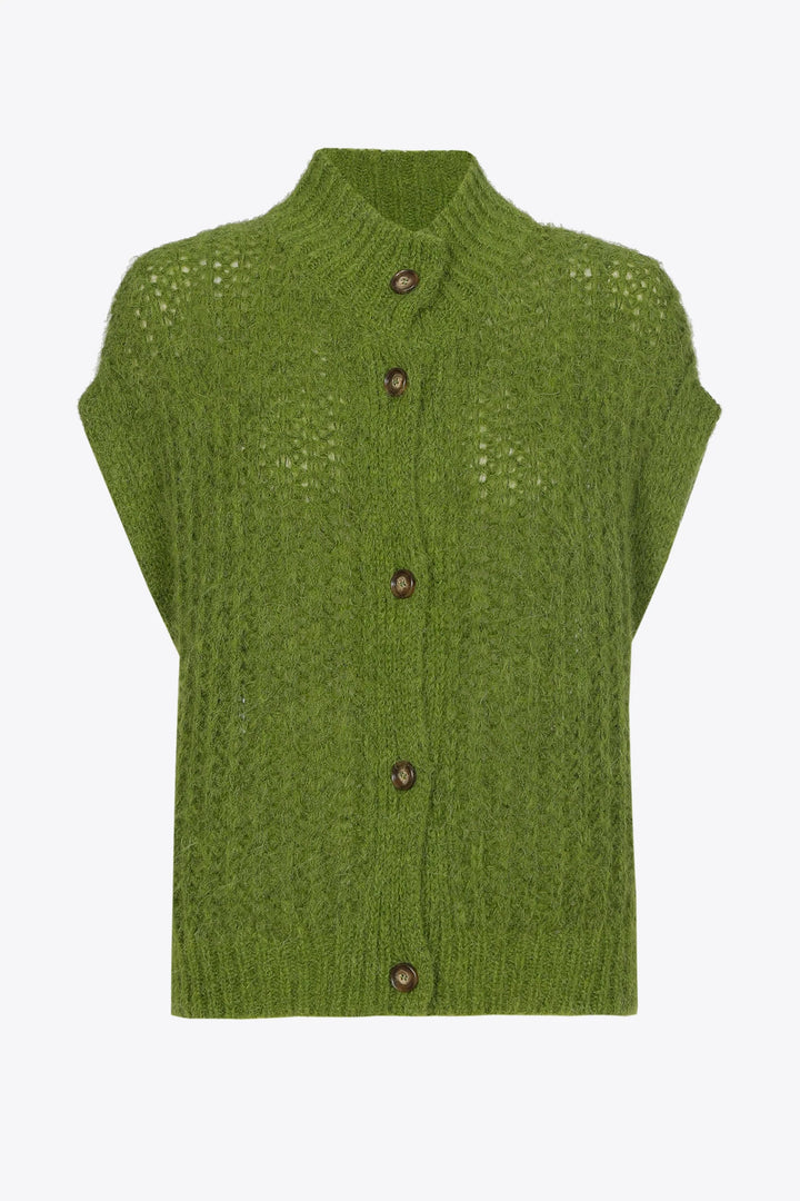 Olijfgroene Alpaca Cardigan met Opstaande Kraag