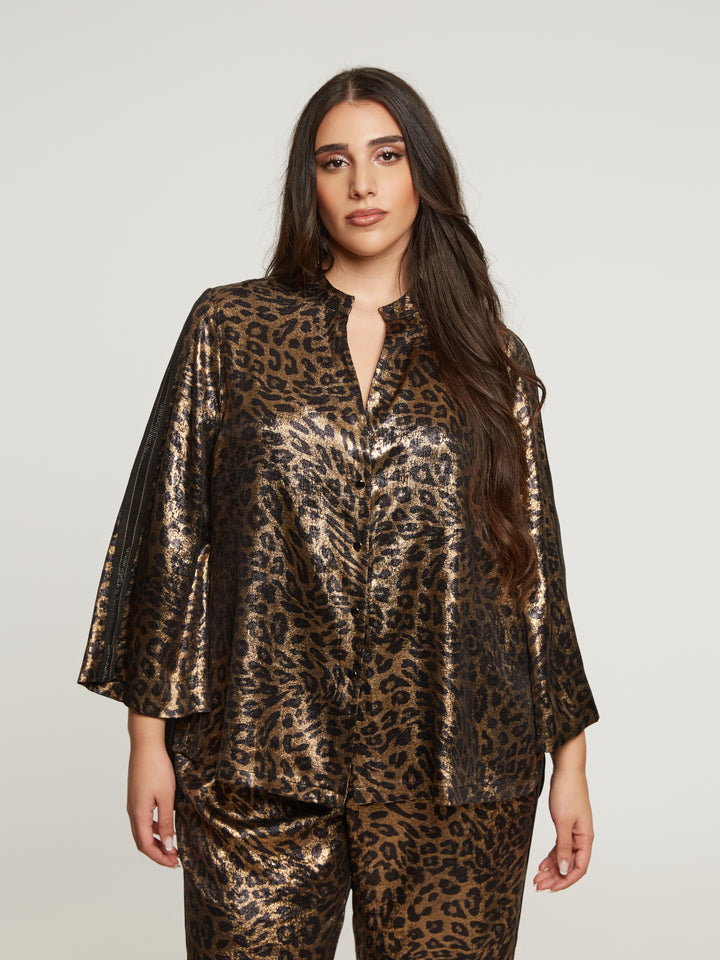 Statement-Bluse mit Leopardenmuster und metallischem Glanz