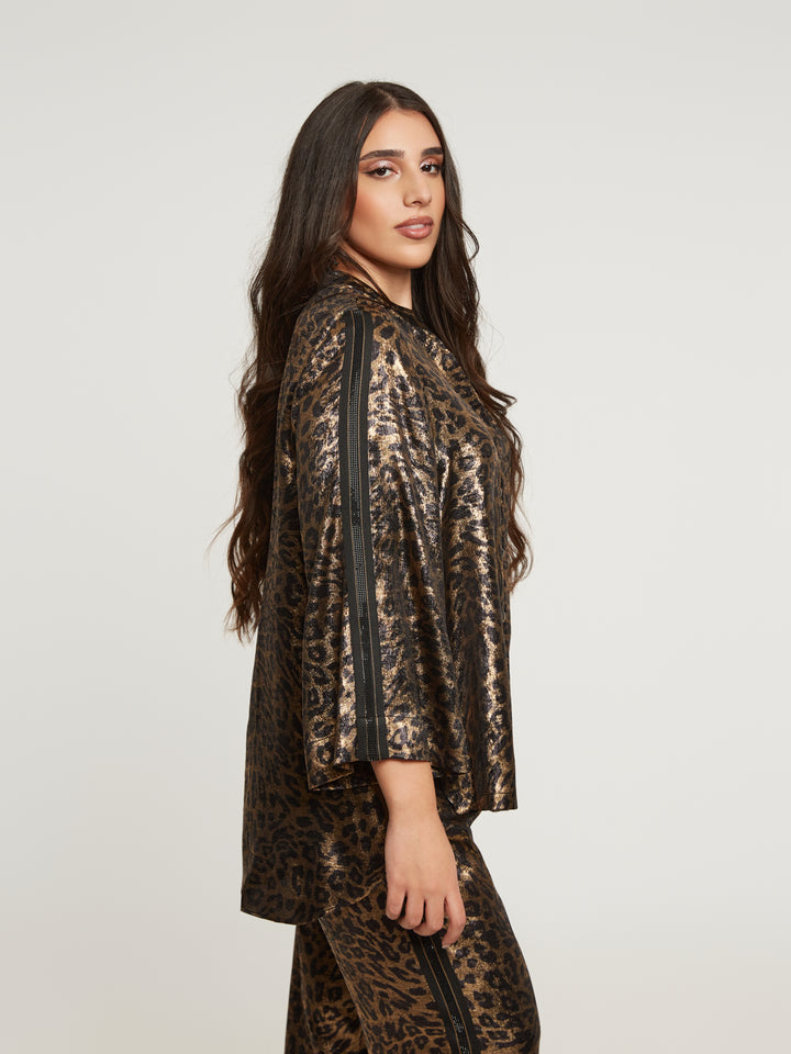 Statement-Bluse mit Leopardenmuster und metallischem Glanz