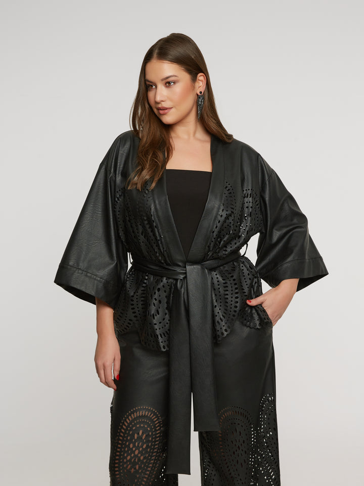 Luxurious Black Kimono in Imitation Leather Embroidery
