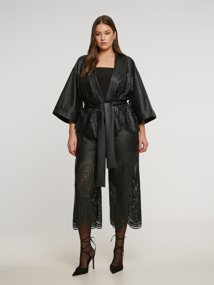 Luxurious Black Kimono in Imitation Leather Embroidery