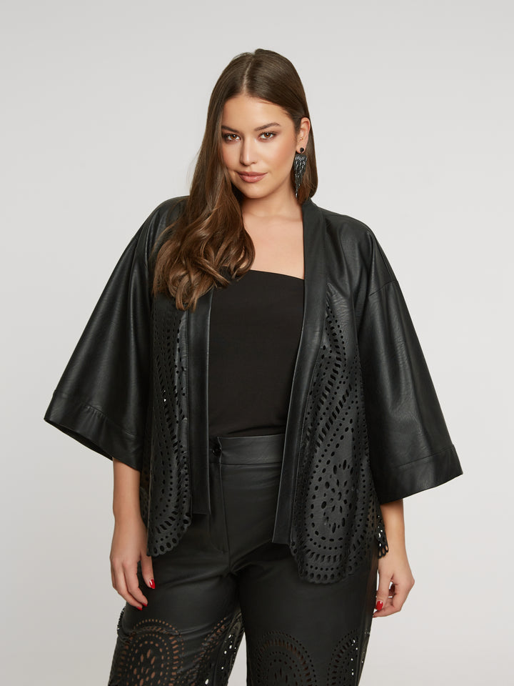 Luxurious Black Kimono in Imitation Leather Embroidery
