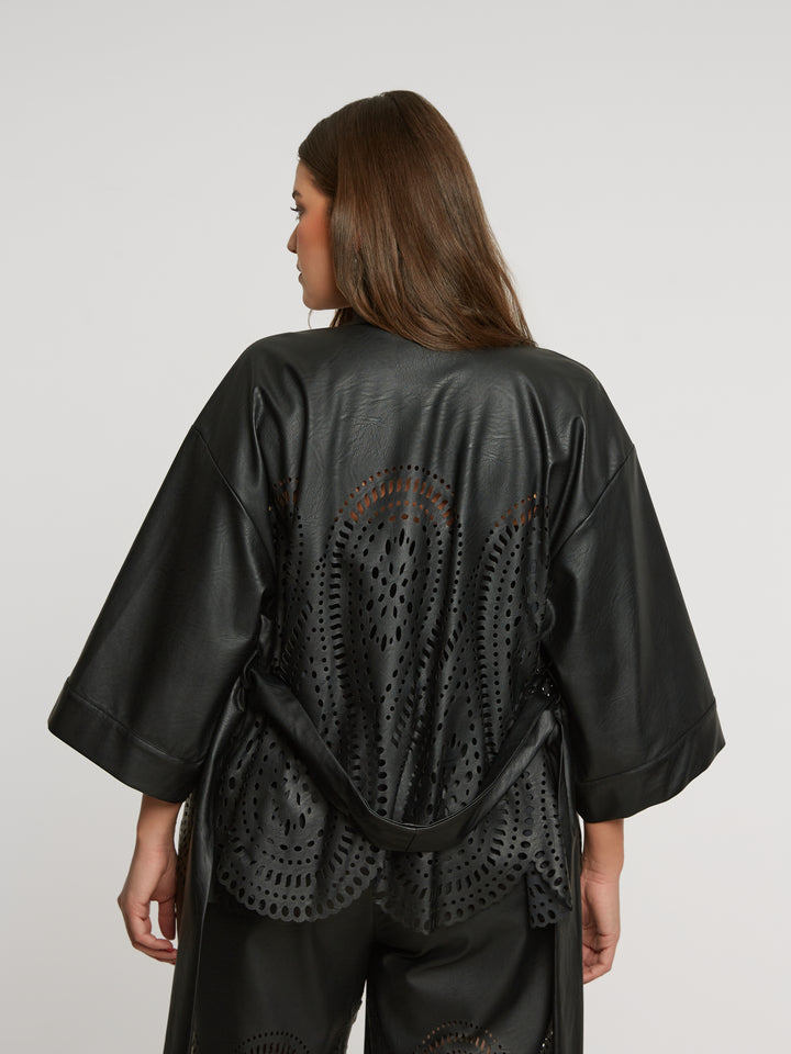 Luxurious Black Kimono in Imitation Leather Embroidery