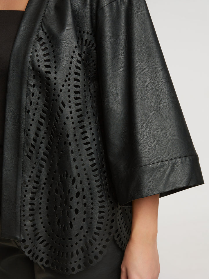 Luxurious Black Kimono in Imitation Leather Embroidery