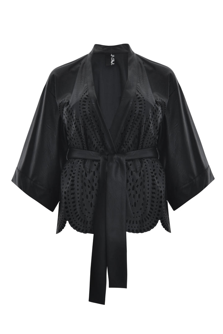 Luxurious Black Kimono in Imitation Leather Embroidery