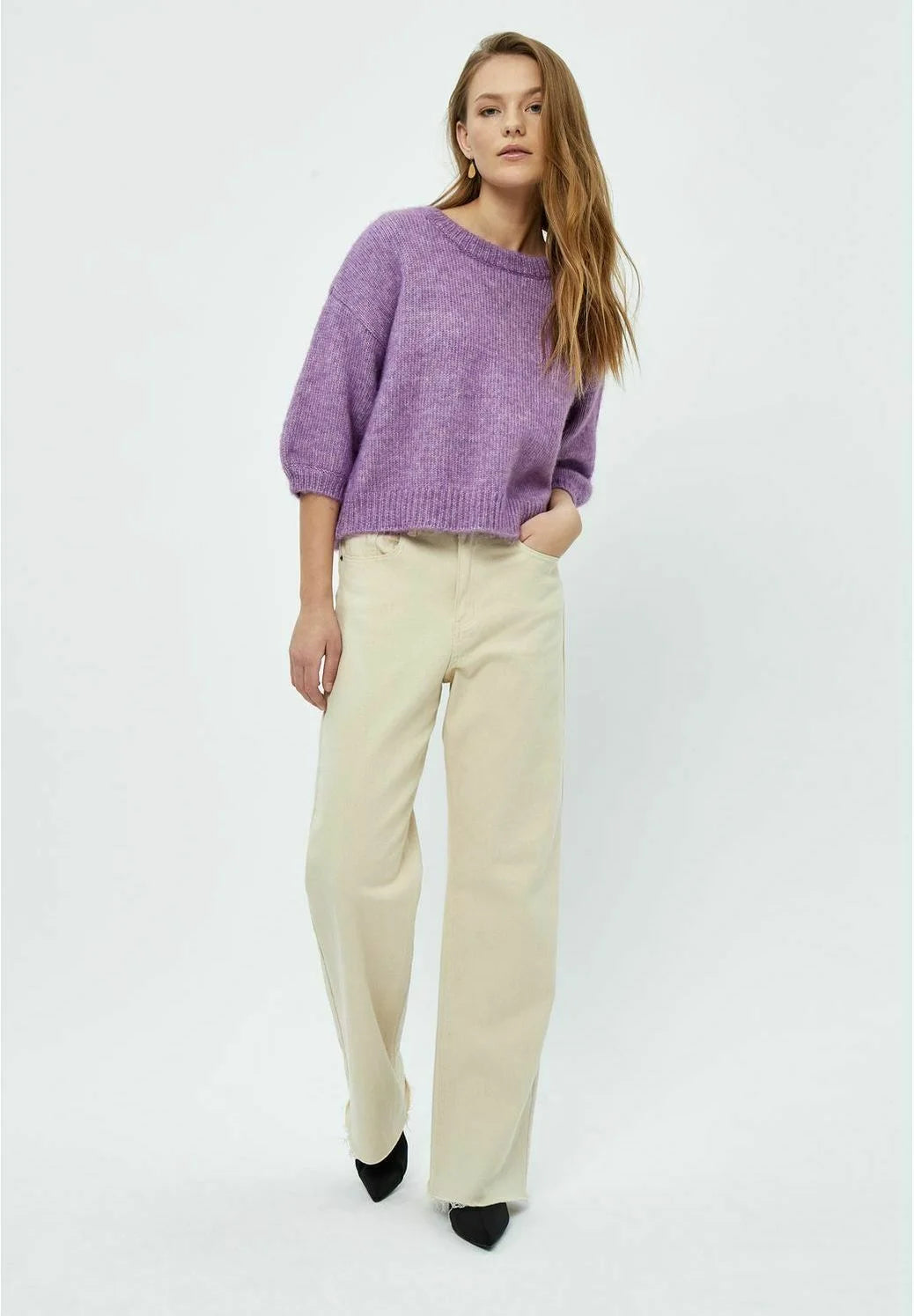 korte paarse trui met driekwarts mouwen - peppercorn - - grote maten - dameskleding - kledingwinkel - herent - leuven