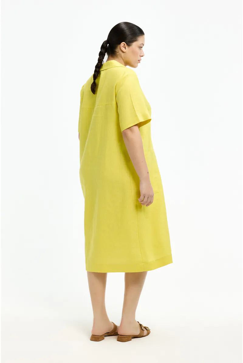 Linnen Jurk met Zakken in Citrusgeel