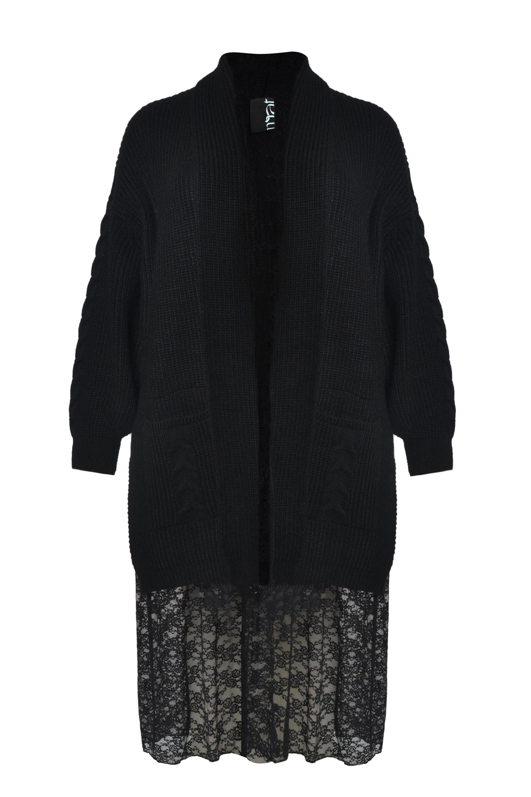 Stylischer langer schwarzer Strickcardigan mit Spitze