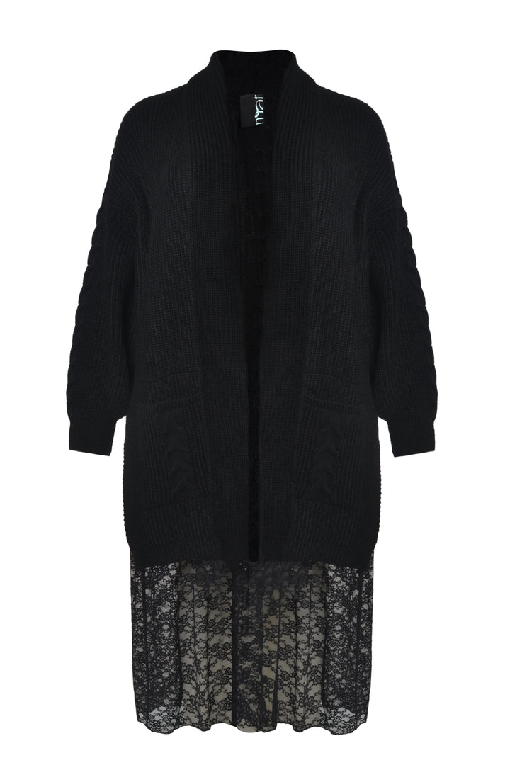 Stylischer langer schwarzer Strickcardigan mit Spitze