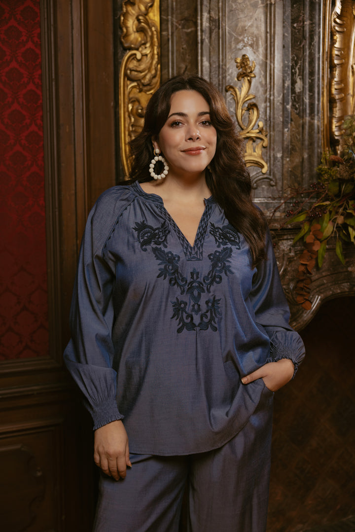 Denim Blue Blouse with Embroidery