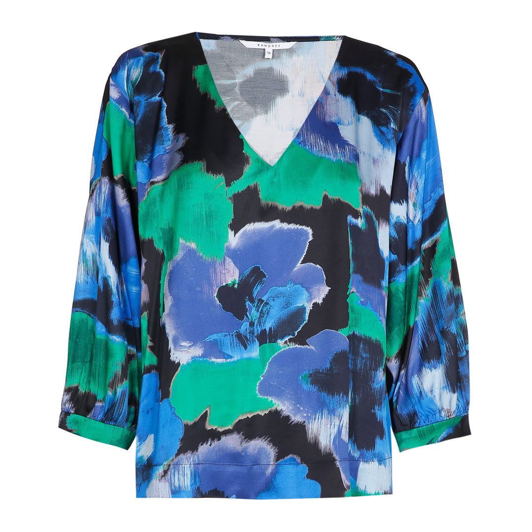 satijnen blouse met mooie print-xandres-HOLOS-blauw