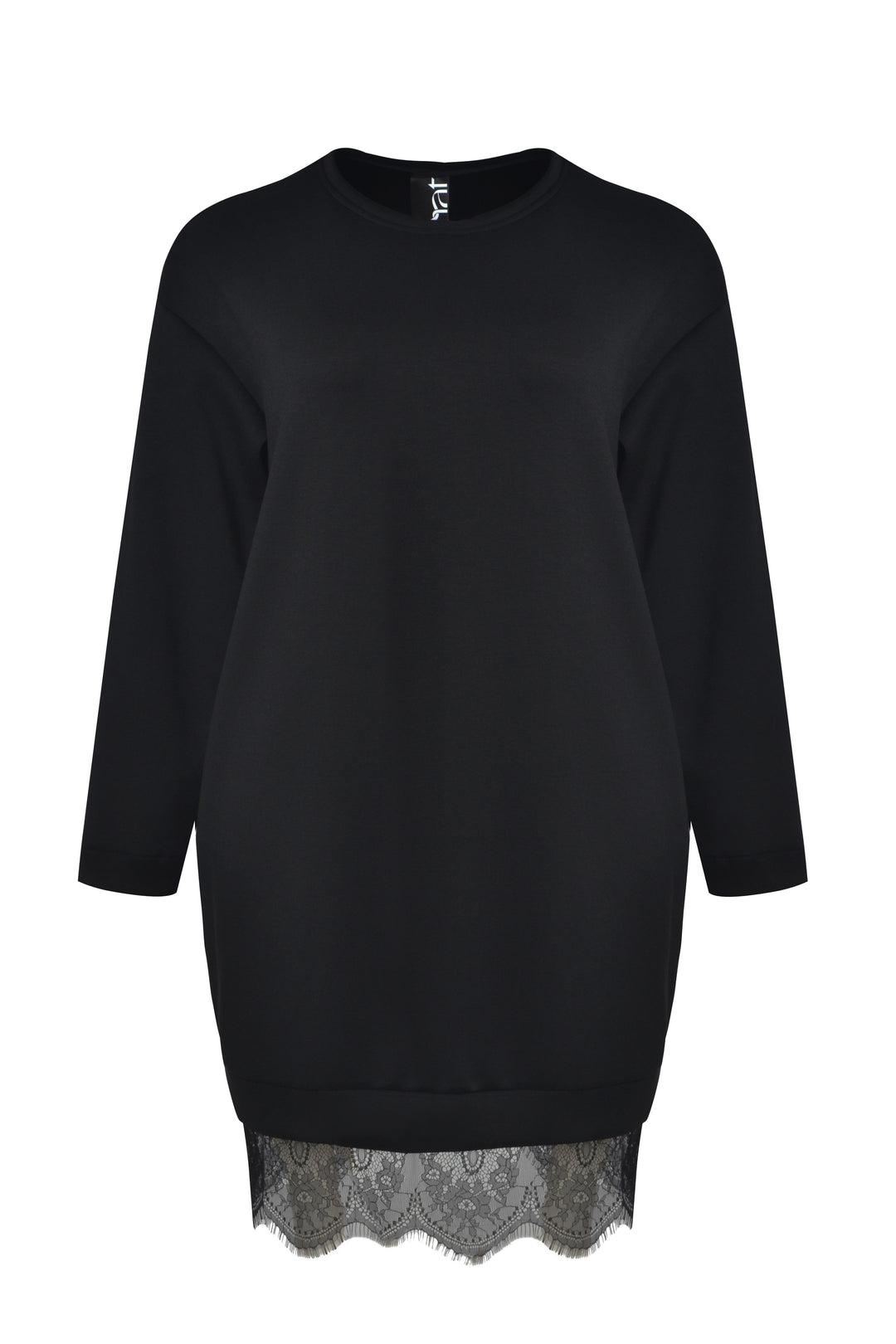 schwarzes Pulloverkleid mit Spitzensaum 