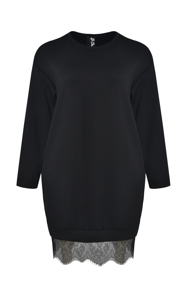 schwarzes Pulloverkleid mit Spitzensaum 