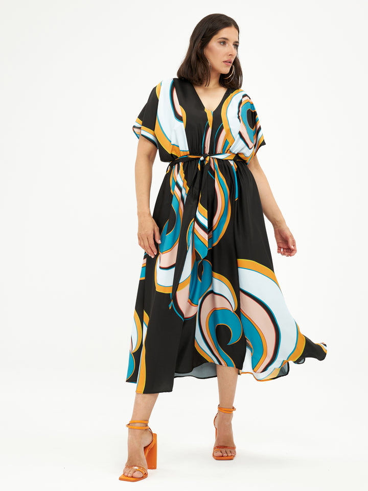 zwarte jurk met geometrische print-mat fashion-