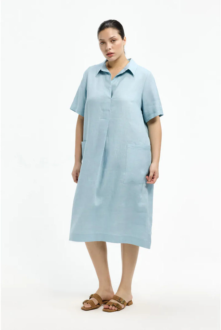 Linnen Jurk met Zakken in Lichtblauw