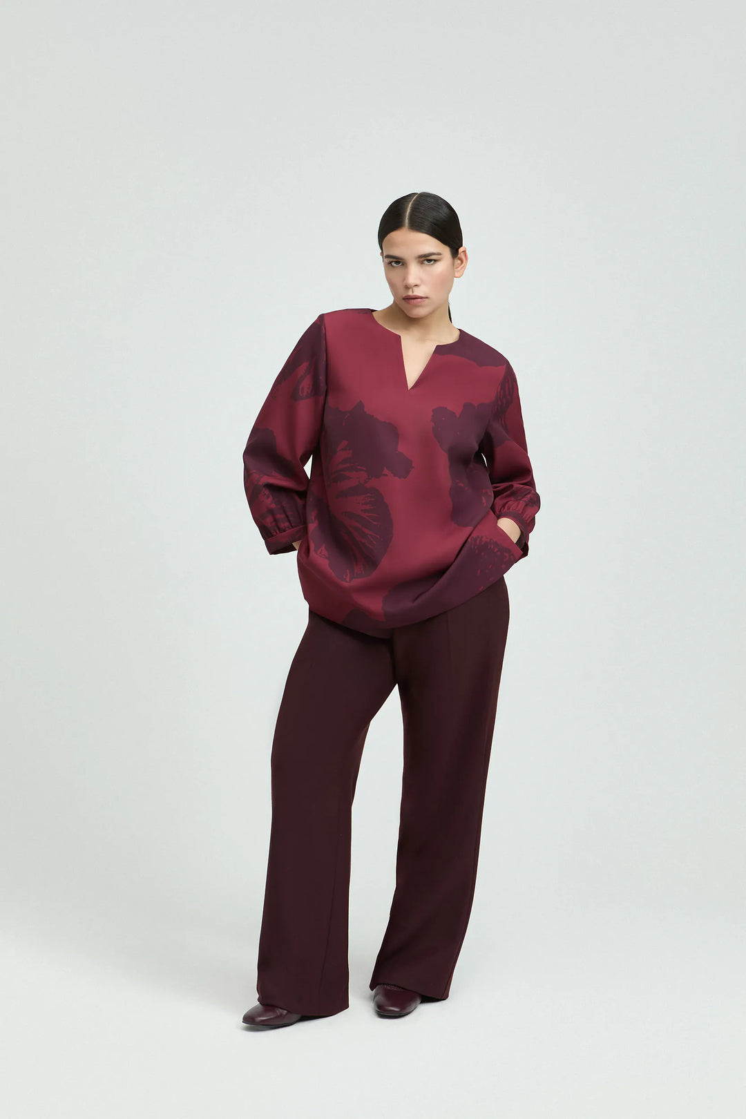 Geklede Broek Met Wijde Pijpen Wijnrood