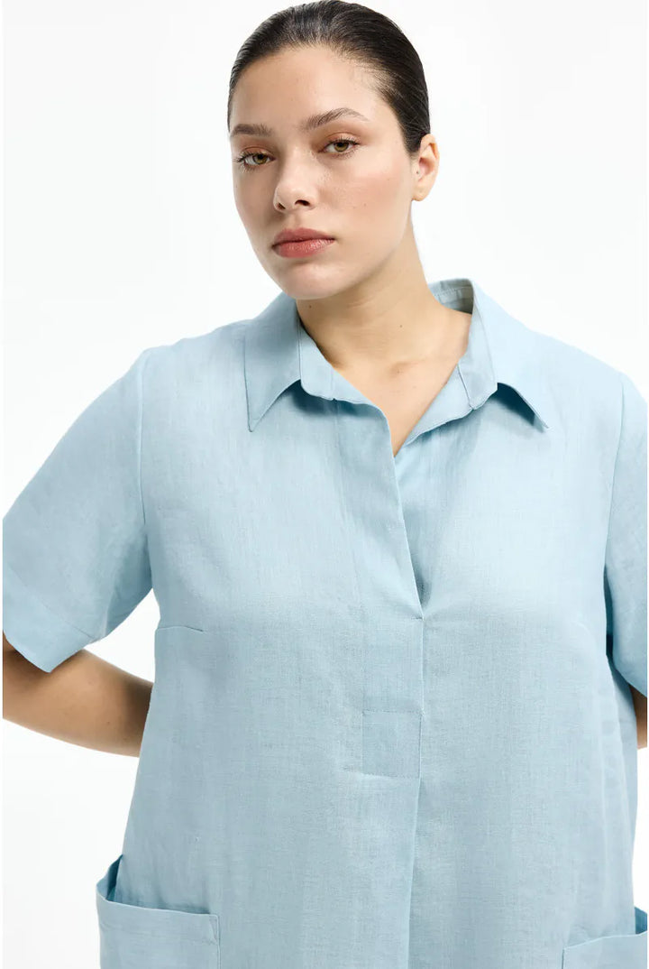 Linnen Jurk met Zakken in Lichtblauw