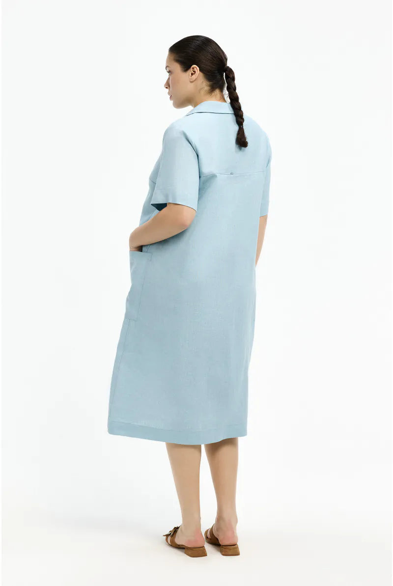 Linnen Jurk met Zakken in Lichtblauw