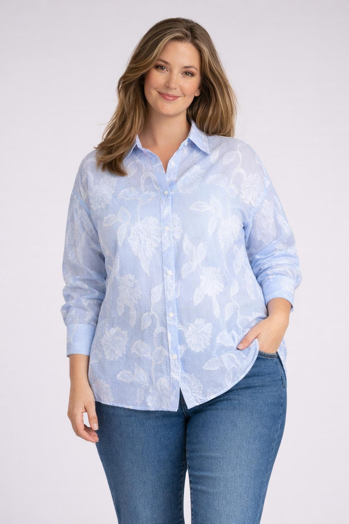 Blauw-Witte Katoenen Blouse Bloemen