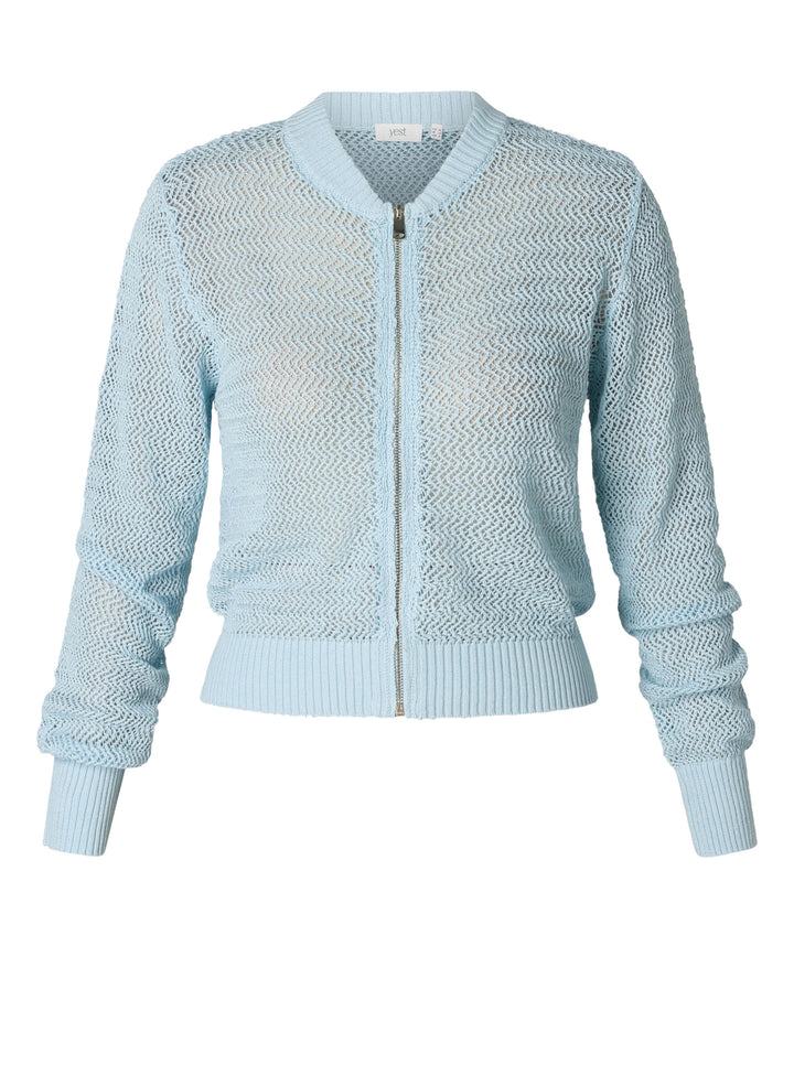 lichtblauwe gebreid bombervest