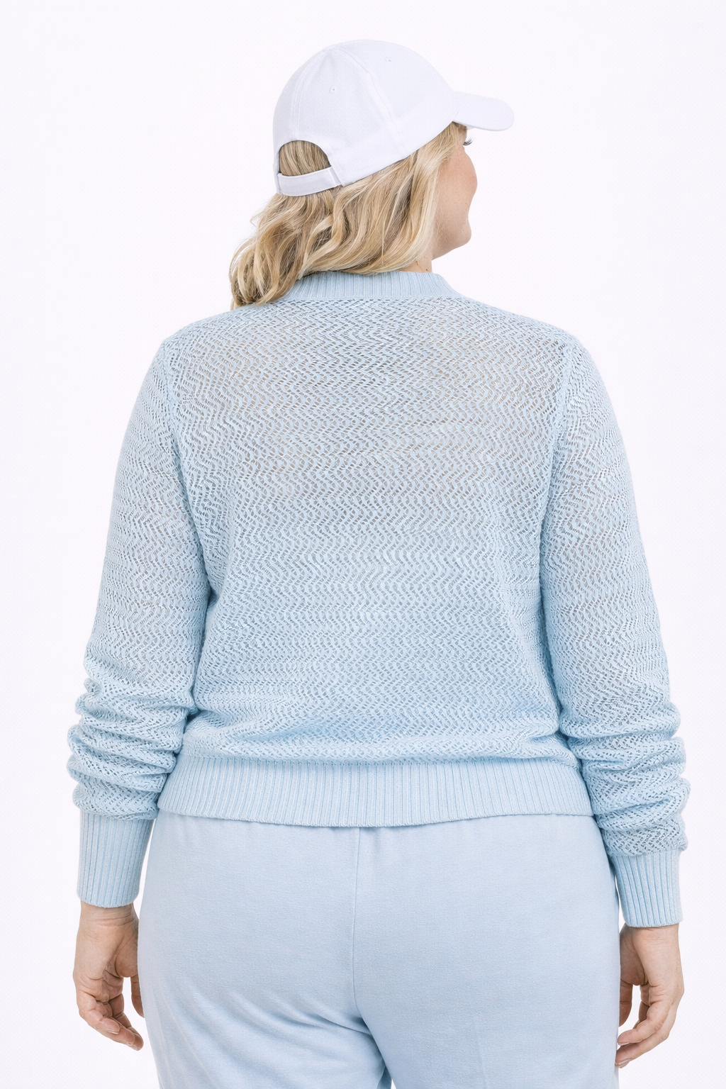 lichtblauwe gebreid bombervest