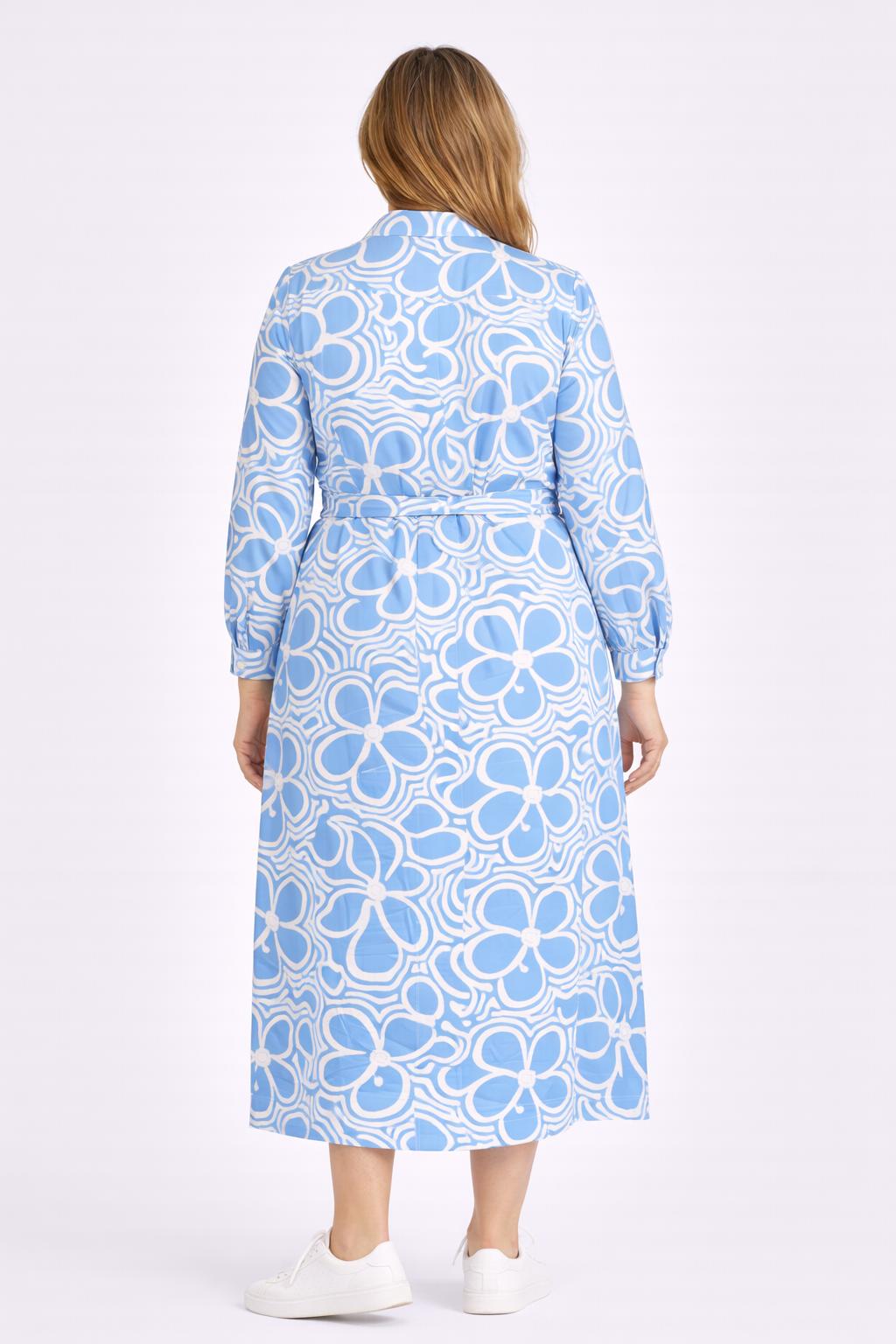 Blauw-witte maxi doorknoopjurk