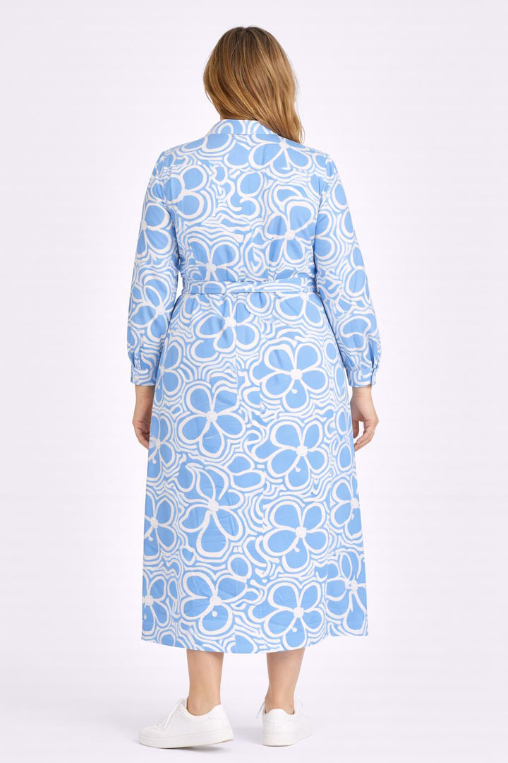 Blauw-witte maxi doorknoopjurk