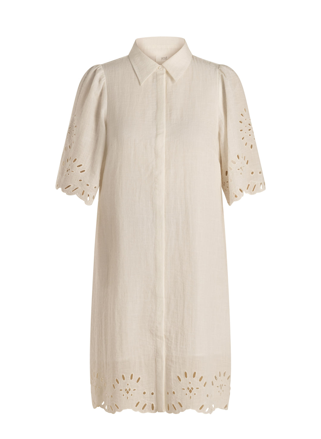 Zandkleurige Doorknoopjurk Met Broderie