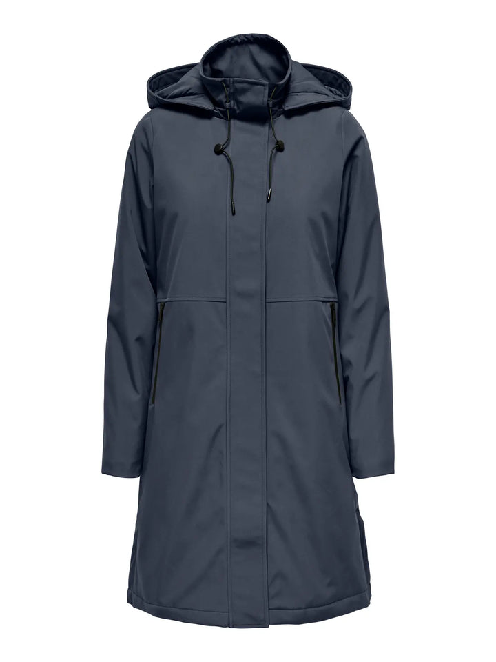 donkerblauwe winterjas met capuchon