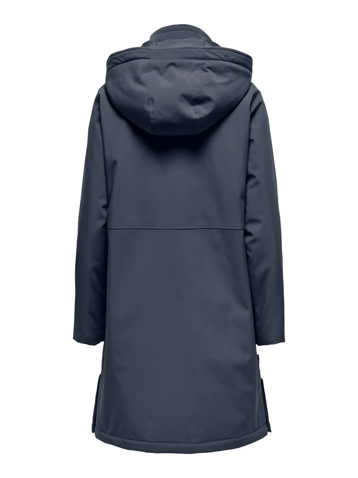 donkerblauwe winterjas met capuchon