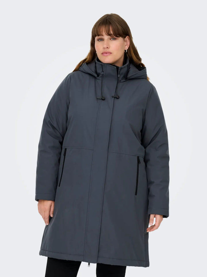 donkerblauwe winterjas met capuchon