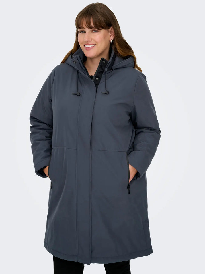 donkerblauwe winterjas met capuchon