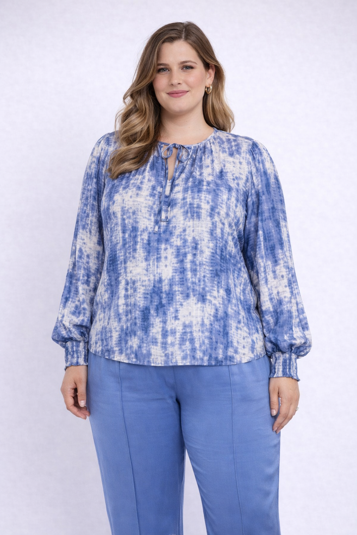 Blauwe Print Blouse Met Strik