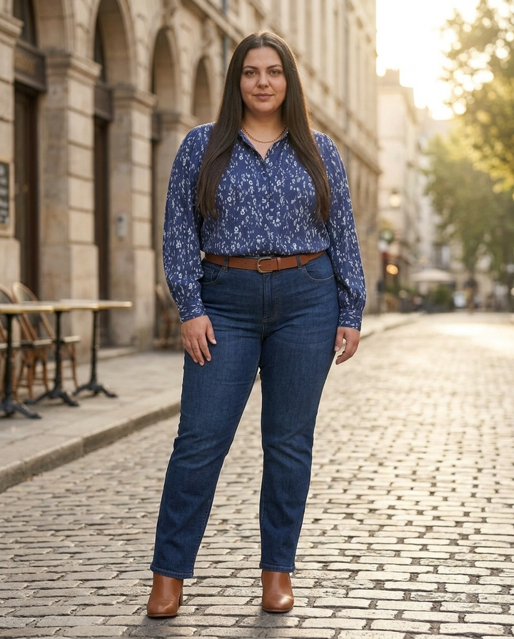 Donkerblauwe Blouse met Verfijnde Print